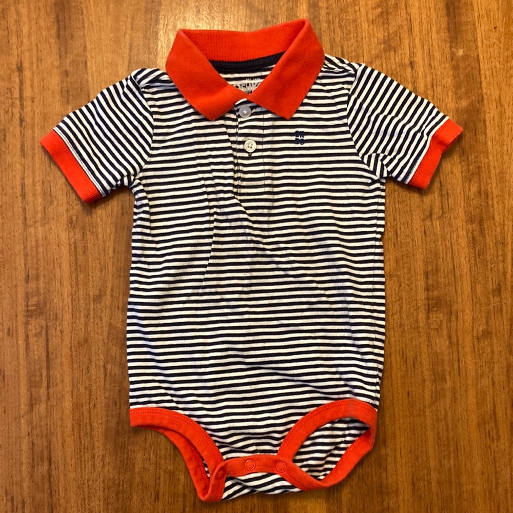 OshKosh B'gosh Onsie Bodysuit Navy and While Stripes with Red Collar Boys 24M